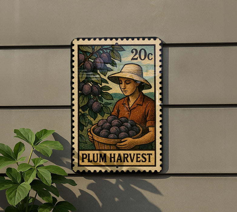 A metal stamp depicting a woman harvesting plums, with the text "PLUM HARVEST" below the illustration.