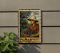 A metal stamp depicting a woman harvesting plums, with the text "PLUM HARVEST" below the illustration.