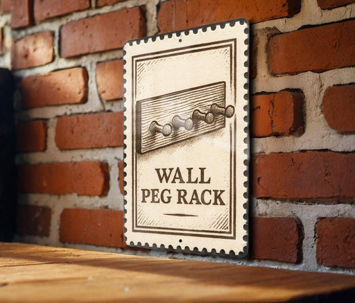 A metal sign with a drawing of a peg rack mounted on a brick wall.