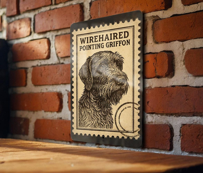 A metal sign featuring a wirehaired pointing griffin on a brick wall.