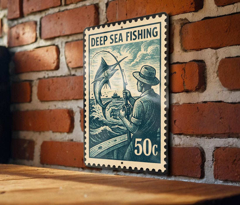 A vintage-style postage stamp featuring a man fishing, mounted on a brick wall.
