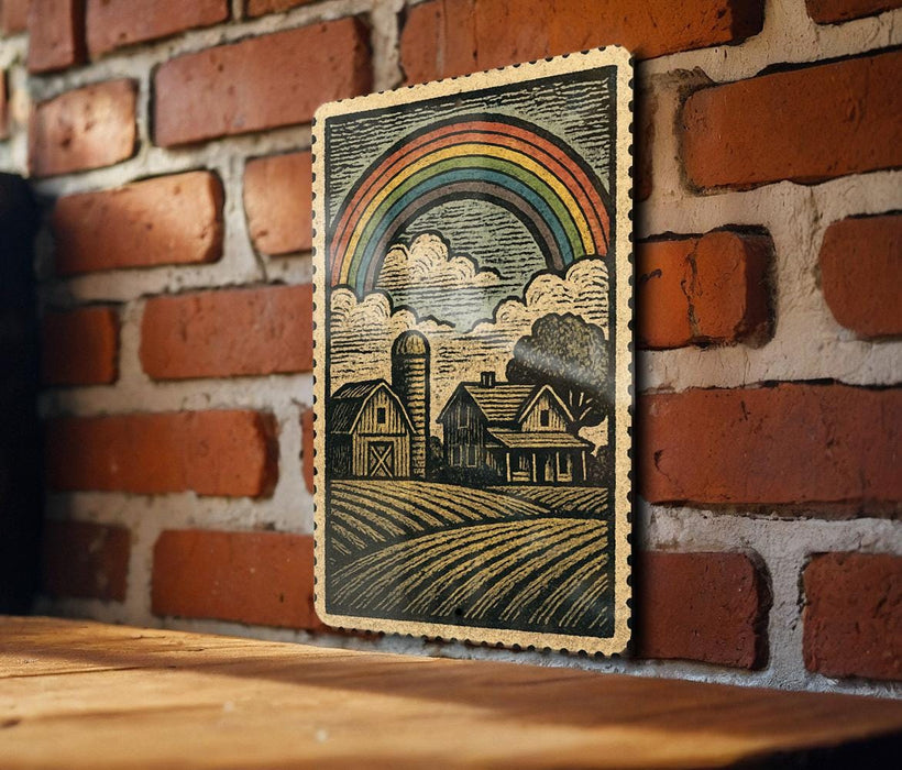A framed illustration of a rural landscape with a farmhouse, barn, and field, depicting a colorful rainbow arching over the scene.