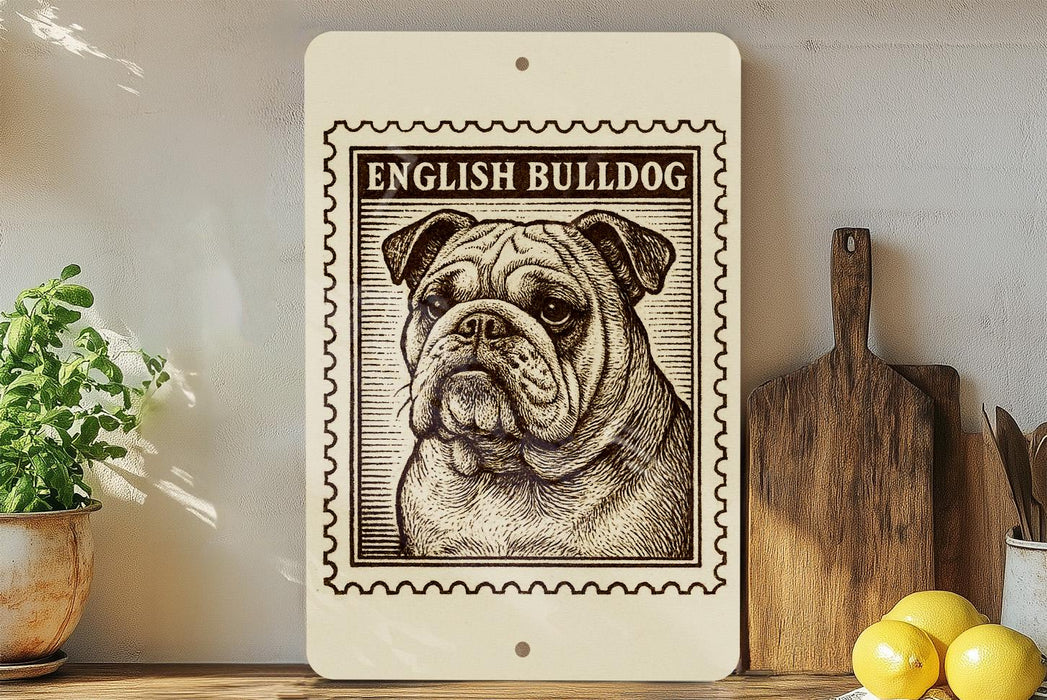 a framed illustration of an English Bulldog on a shelf, with a wooden cutting board and a potted plant nearby.