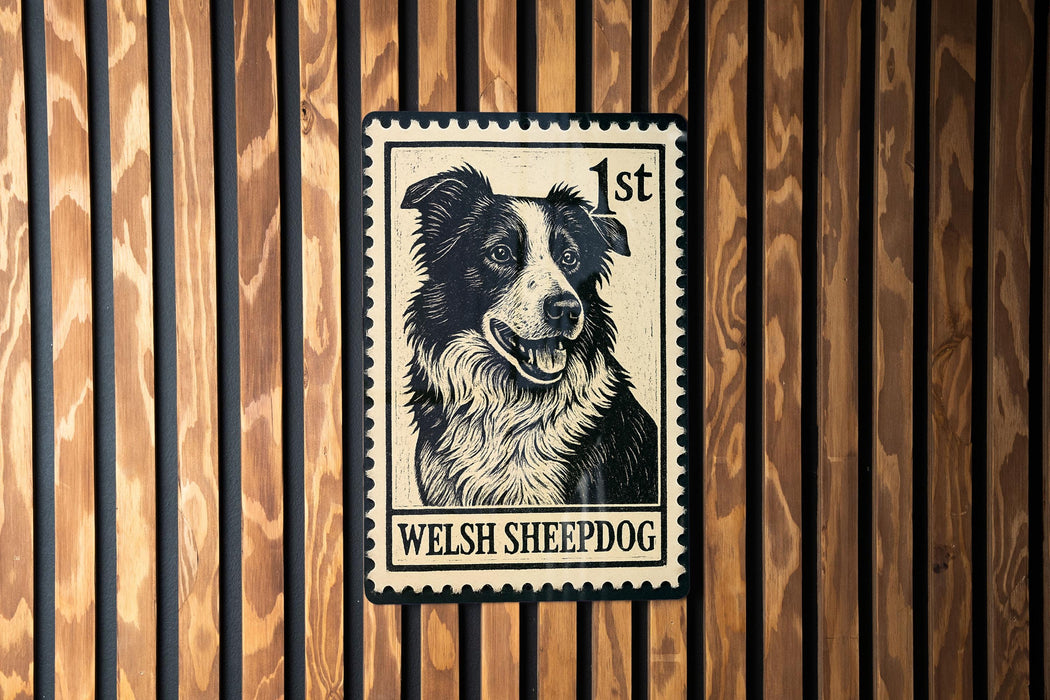 A metal stamp featuring a black and white illustration of a Welsh sheepdog.