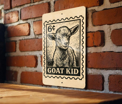 A wooden surface with a sign featuring a black and white illustration of a goat, mounted on a brick wall.