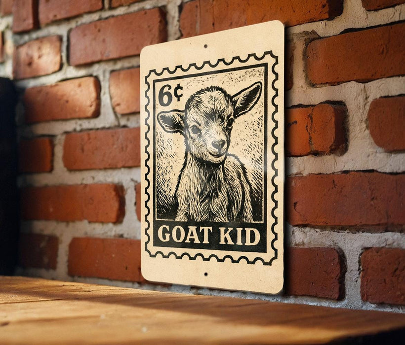 A wooden surface with a sign featuring a black and white illustration of a goat, mounted on a brick wall.