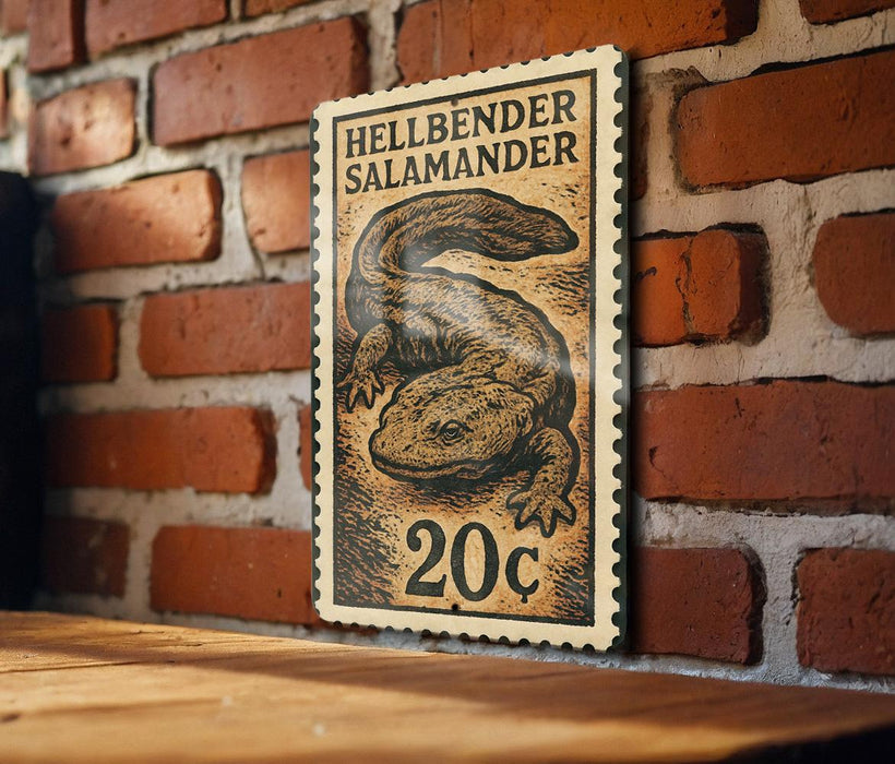 A 20c postage stamp featuring a salamander is displayed on a brick wall.