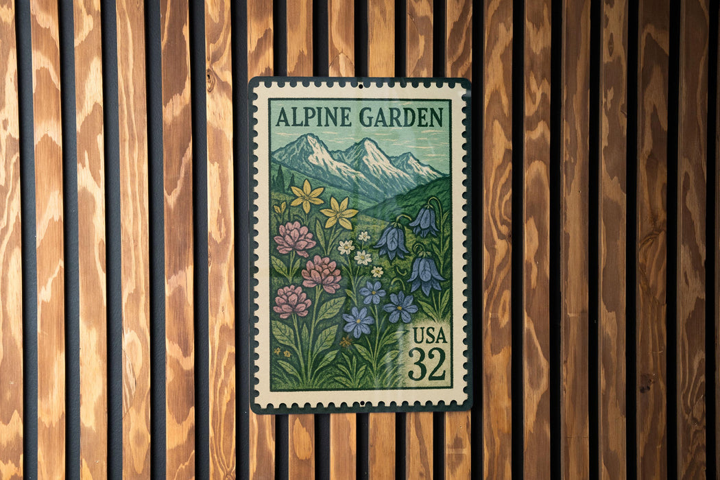 A postage stamp from the United States, featuring a mountain landscape with flowers, is displayed on a wooden wall.