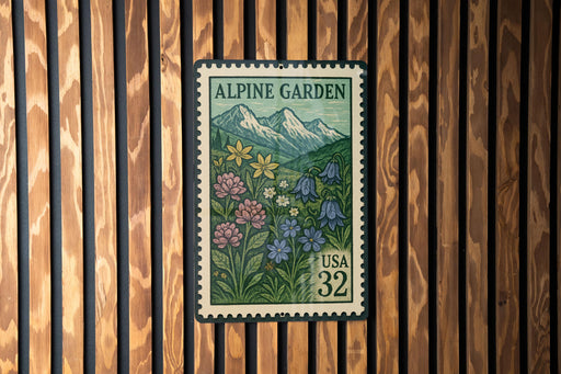 A postage stamp from the United States, featuring a mountain landscape with flowers, is displayed on a wooden wall.