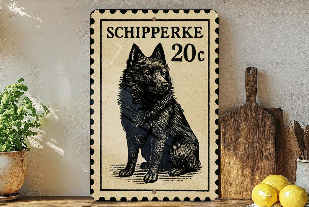 a black and white illustration of a dog, which appears to be a Schipperke breed, on a wooden surface. The dog is sitting on a wooden board, and there are some potted plants and a wooden cutting board visible in the background.