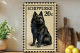 a black and white illustration of a dog, which appears to be a Schipperke breed, on a wooden surface. The dog is sitting on a wooden board, and there are some potted plants and a wooden cutting board visible in the background.
