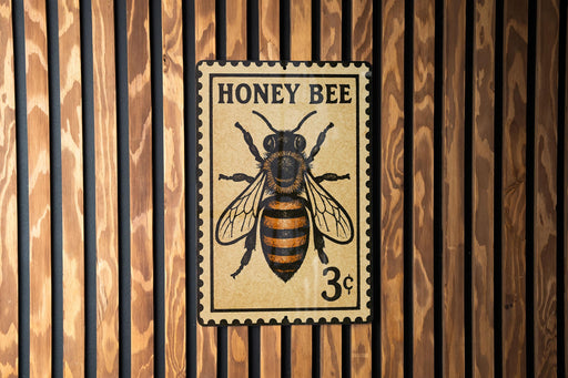 A metal stamp with a bee illustration on it, mounted on a wooden wall.
