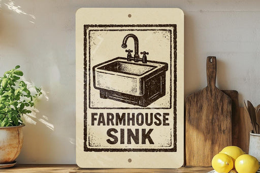 a sign that reads "FARMHOUSE SINK" with a black and white illustration of a sink. The sign is placed on a wooden surface, and there are some kitchen utensils and a potted plant nearby.