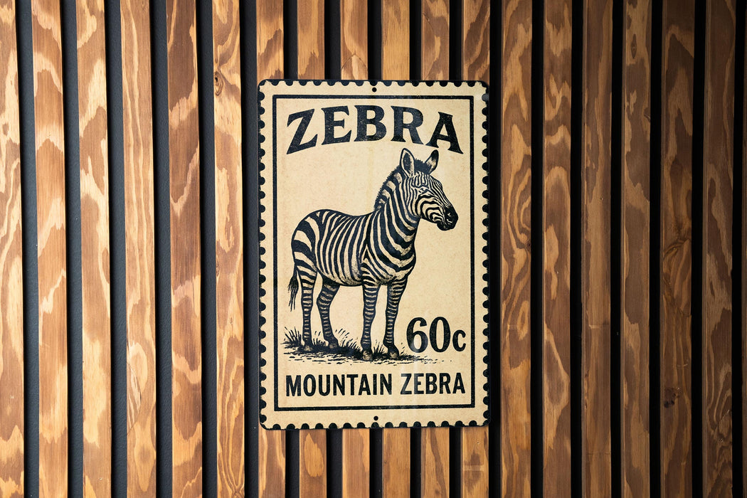 A vintage-style stamp featuring a zebra, with the text "Zebra" and "60c" printed on it, mounted on a wooden wall.