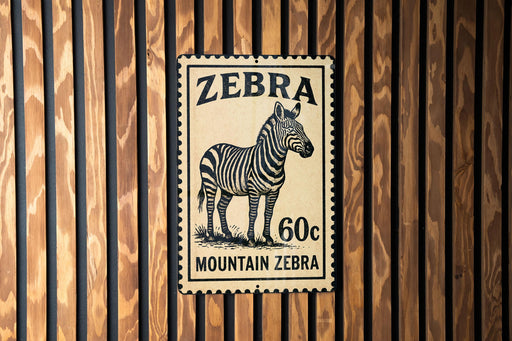 A vintage-style stamp featuring a zebra, with the text "Zebra" and "60c" printed on it, mounted on a wooden wall.
