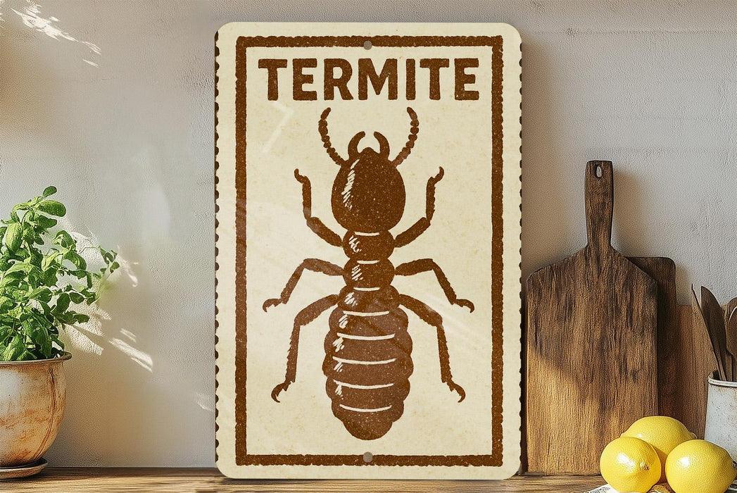 a sign with a picture of a termite, placed on a shelf next to a wooden cutting board and some lemons.