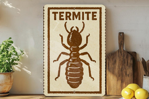 a sign with a picture of a termite, placed on a shelf next to a wooden cutting board and some lemons.