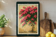 a framed painting of a vibrant floral arrangement with pink flowers, displayed on a shelf next to a wooden cutting board and a potted plant.