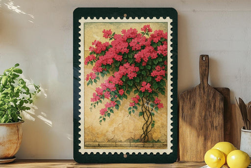 a framed painting of a vibrant floral arrangement with pink flowers, displayed on a shelf next to a wooden cutting board and a potted plant.