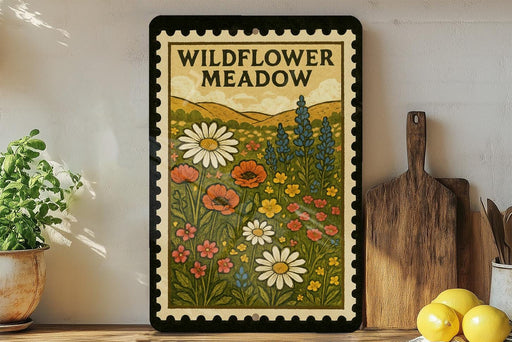 a framed illustration of a wildflower meadow, with various flowers and plants depicted in a decorative and artistic style.