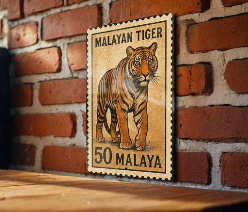 A wooden table with a framed image of a tiger on it, mounted on a brick wall.