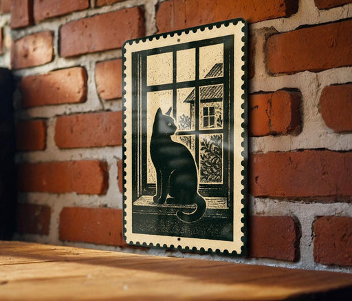 A black and white illustration of a cat sitting on a windowsill, looking out of a window, is displayed on a brick wall.