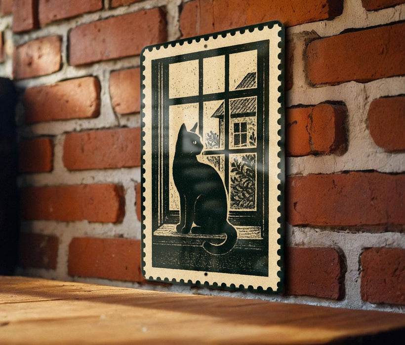 A black and white illustration of a cat sitting on a windowsill, looking out of a window, is displayed on a brick wall.