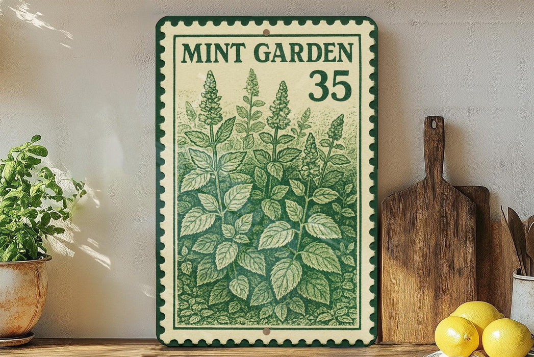 A framed illustration of mint plants is displayed on a shelf, accompanied by kitchen utensils and a potted plant.