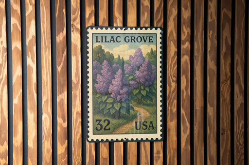 A postage stamp from Lilac Grove, United States, featuring a painting of purple lilac flowers.