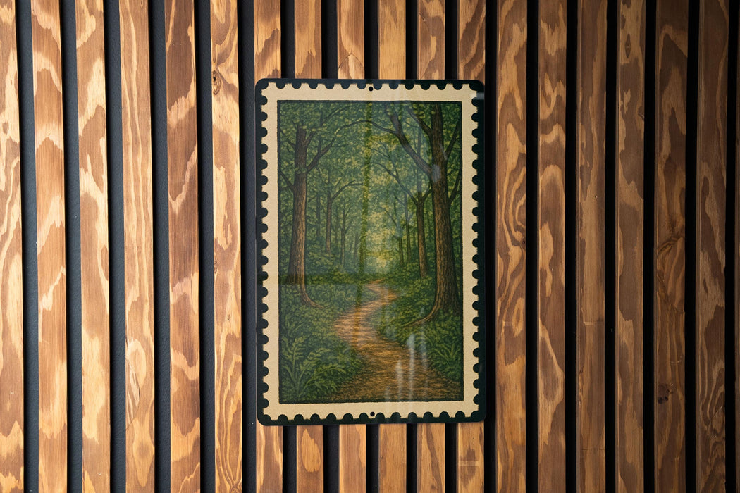 a framed painting of a forest path, hanging on a wooden wall.
