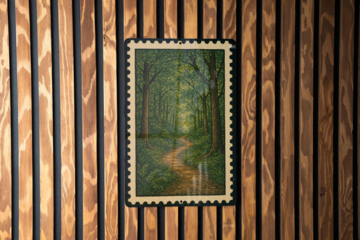 a framed painting of a forest path, hanging on a wooden wall.
