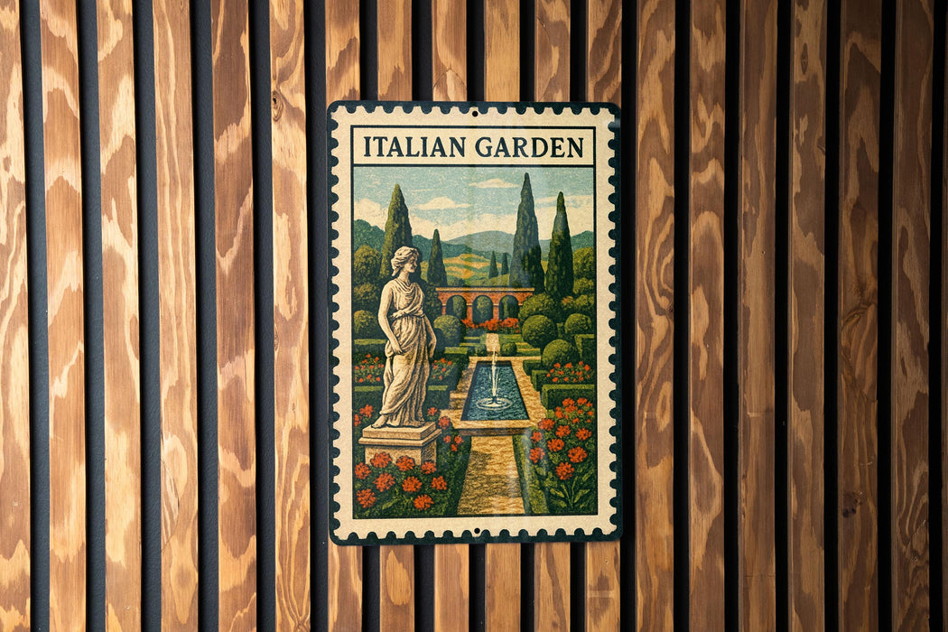a vintage-style metal sign with a painting of a garden, mounted on a wooden wall.