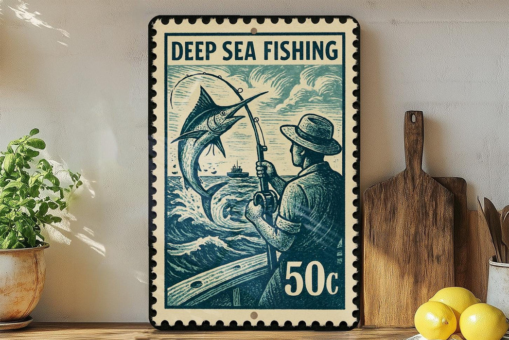 A vintage-style metal sign with a fishing illustration and the text "DEEP SEA FISHING 50c" is displayed on a shelf next to a wooden cutting board and some lemons.