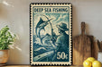 A vintage-style metal sign with a fishing illustration and the text "DEEP SEA FISHING 50c" is displayed on a shelf next to a wooden cutting board and some lemons.