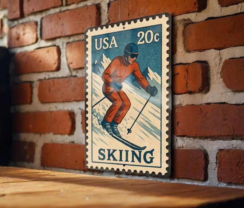 A vintage-style 20c postage stamp featuring a skier on a mountain slope, mounted on a brick wall.