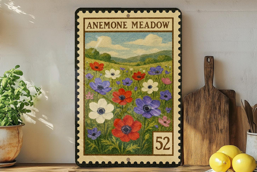 a framed print of a colorful floral scene, with a postage stamp-like border, placed on a wooden surface next to a wooden cutting board and some potted plants.