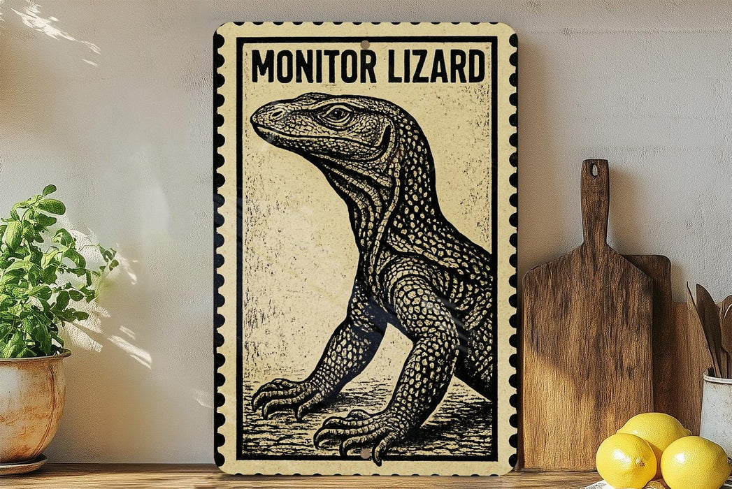 A framed illustration of a monitor lizard is displayed on a shelf, accompanied by a wooden cutting board and a potted plant.