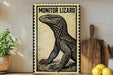 A framed illustration of a monitor lizard is displayed on a shelf, accompanied by a wooden cutting board and a potted plant.