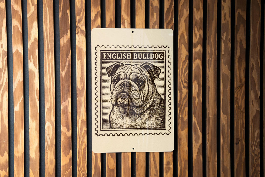 a bulldog, which is depicted in a stamp-like design on a wooden surface.