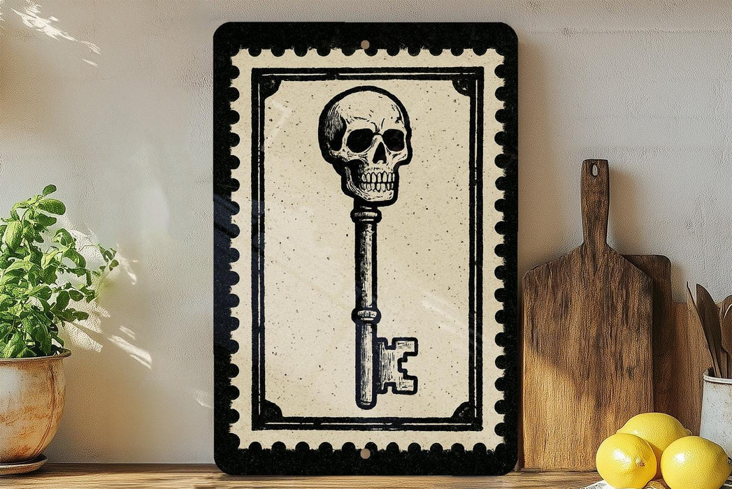 a framed illustration of a skull with a key, placed on a shelf next to a wooden cutting board and some lemons.