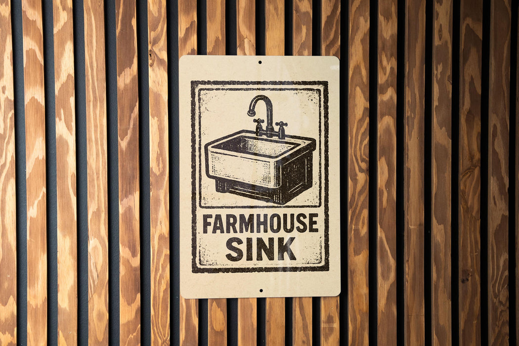 a sign that reads "FARMHOUSE SINK" with a picture of a farmhouse sink on it.