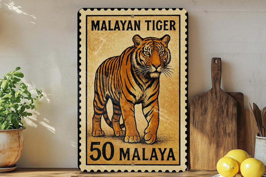 A metal stamp depicting a tiger, with the text "MALAYAN TIGER 50 MALAYA" printed on it.