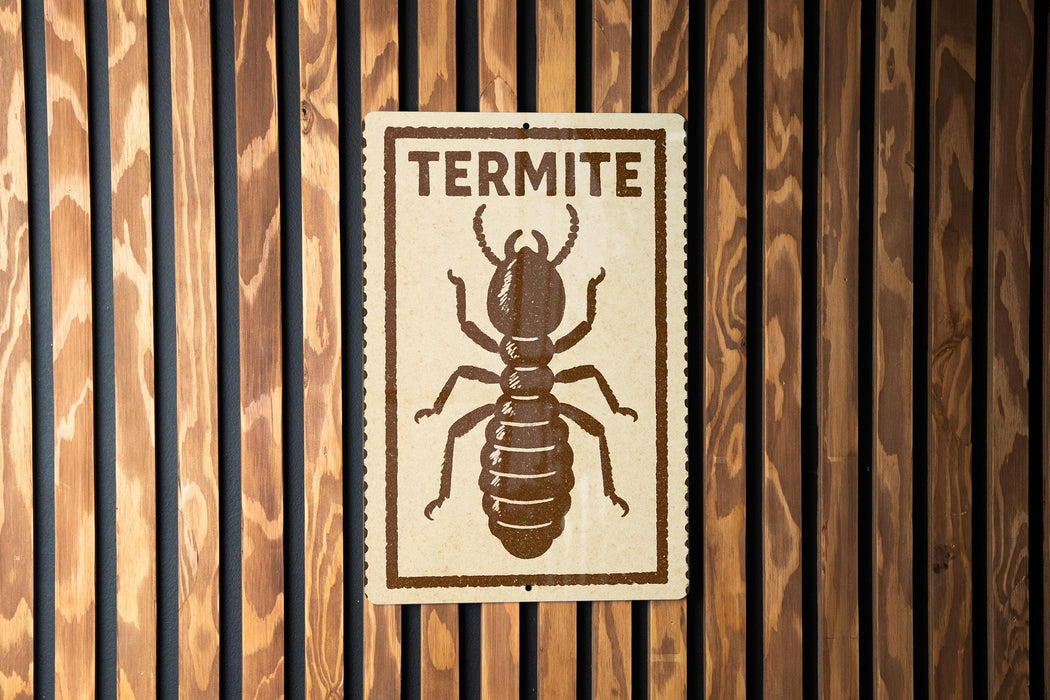 A sign with the word "TERMITE" and an illustration of a termite on a wooden background.