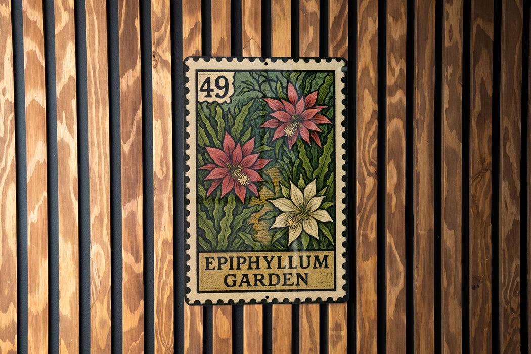 A metal stamp with a floral design, featuring two pink flowers and a yellow flower, is displayed on a wooden wall.
