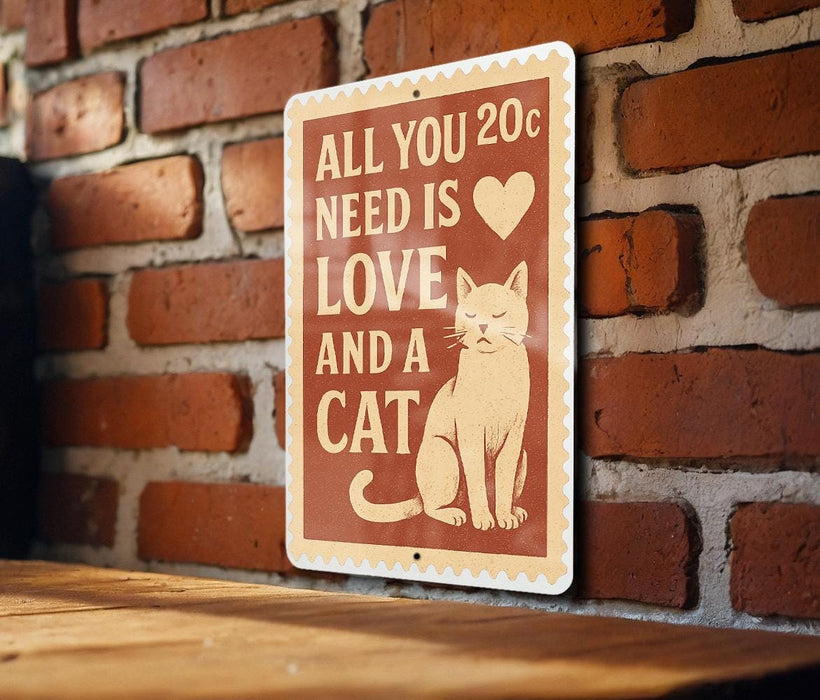 A sign with the text "ALL YOU NEED IS LOVE AND A CAT" is displayed on a brick wall.