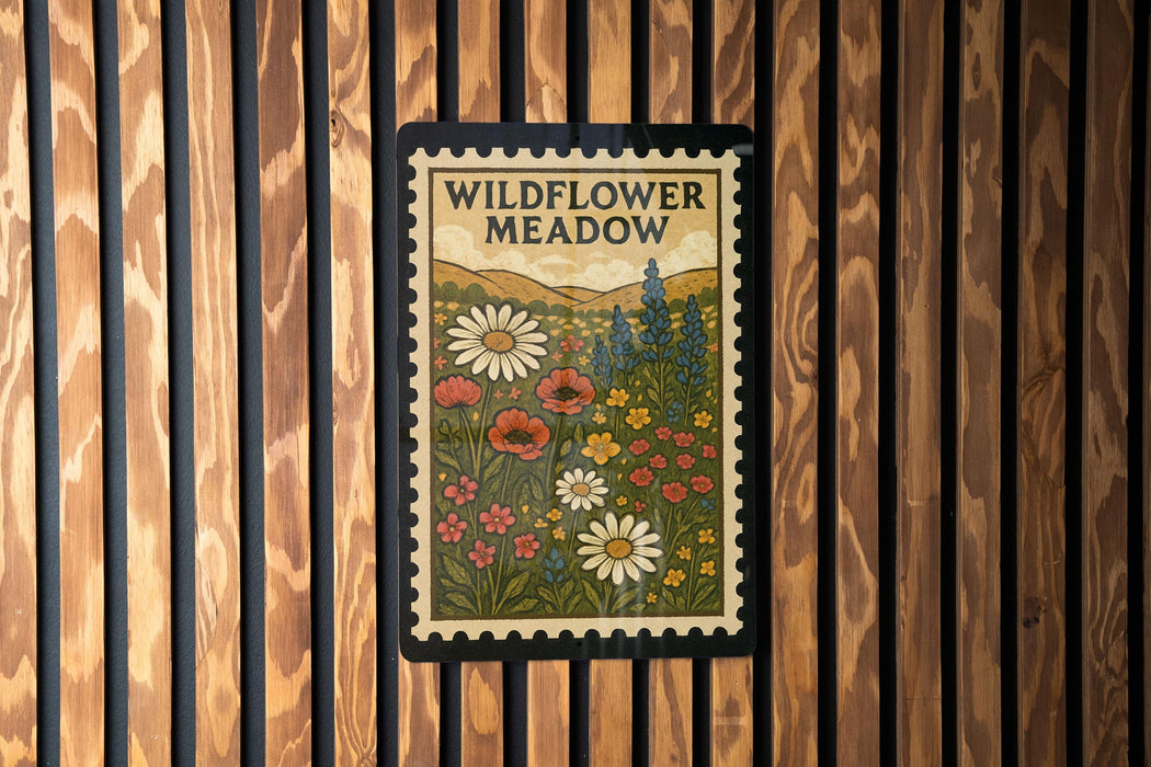 A framed poster of a wildflower meadow is displayed on a wooden wall.