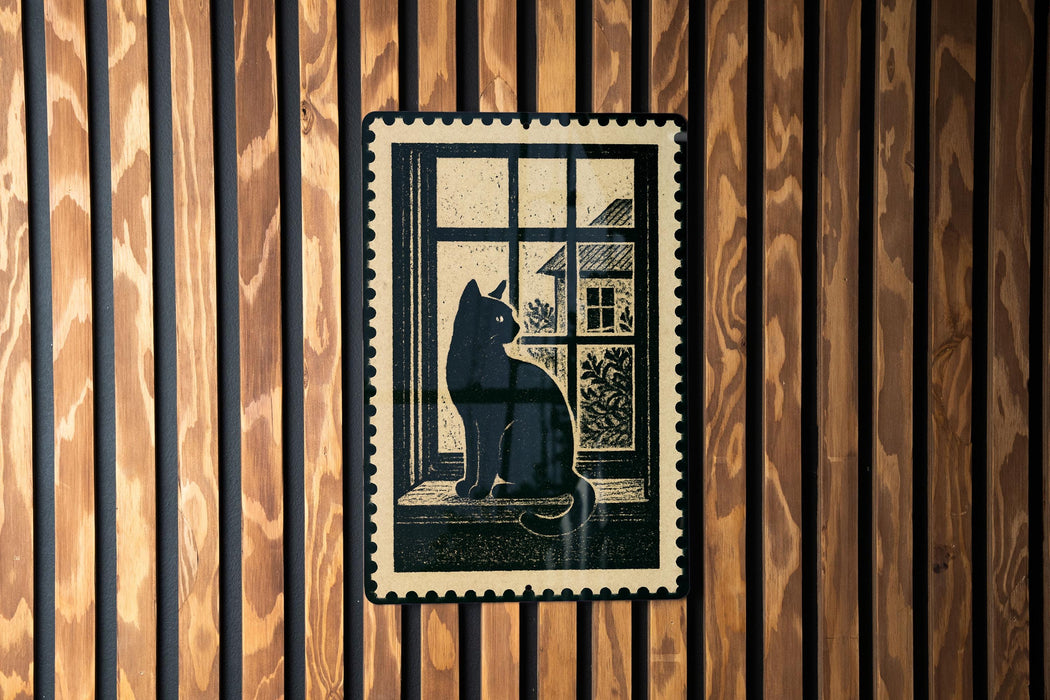 A black cat sitting on a windowsill, looking out of a window, is depicted in the image.