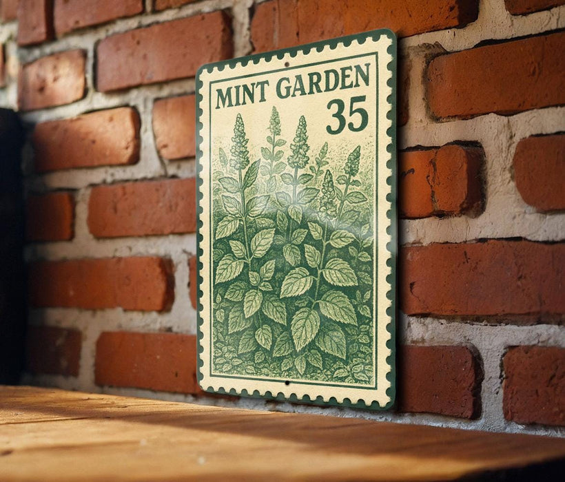 A vintage mint garden sign with the number 35 is displayed on a brick wall.