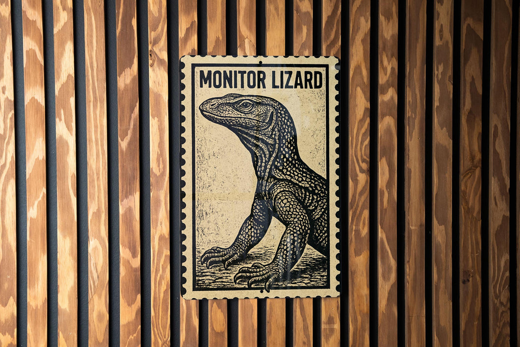 A poster of a monitor lizard is displayed on a wooden wall.