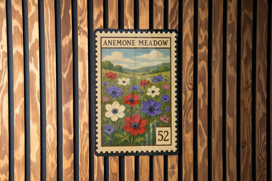 A postage stamp featuring a field of colorful flowers, including red, white, and purple flowers, against a wooden background.